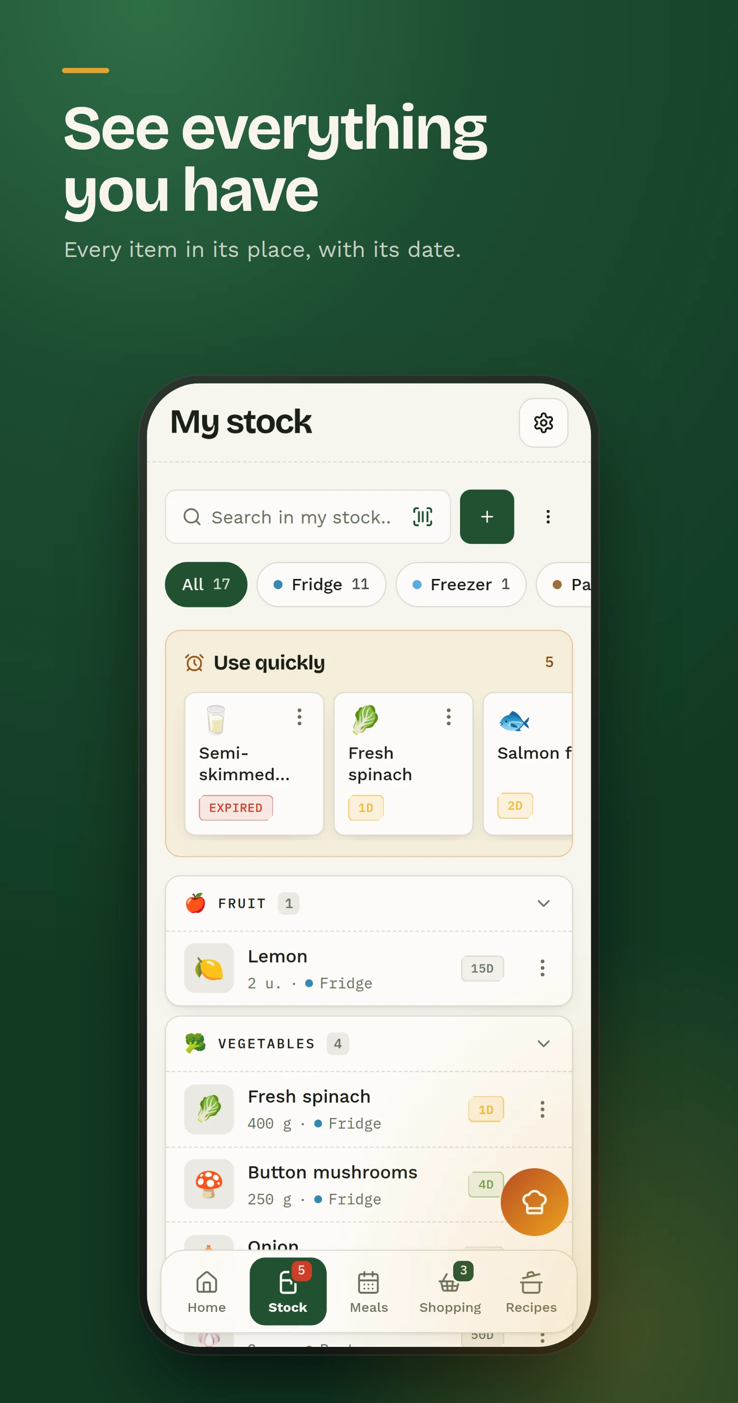 Stock screen grouping items by fridge, freezer and pantry, with a row of items to use quickly
